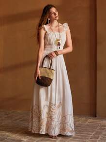 MOTF PREMIUM VESTIDO DE LINO CON BORDADO Y RECOGIDO - Blanco - Ver 5