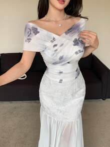 Modelyn 女式网眼花卉十字图案性感夏季T恤 - 杏色 - 查看 6
