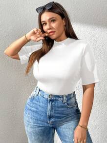 SHEIN Essnce Camiseta básica de manga media, de cuello medio alto, blanca, cómoda y casual para mujer de talla grande, perfecta para la primavera y el verano, prendas de resorte, ropa de iglesia, blusas básicas, blusas para el trabajo