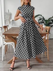 SHEIN Clasi Women's Geometric Print Small Stand Collar A-Line Sleeveless Midi Elegant Casual Commuter Dress