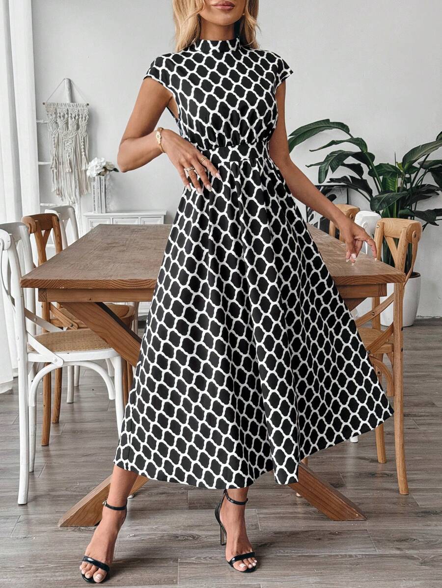 SHEIN Clasi Women's Geometric Print Small Stand Collar A-Line Sleeveless Midi Elegant Casual Commuter Dress