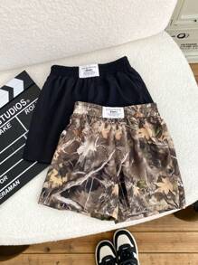 SHEIN 2pcs Kids Boys Casual Camo Shorts & T-Shirt Set, Comfortable, Versatile Black Cargo Shorts, Suitable For Daily Wear, School, Outdoor, Sports, Spring/Summer/Fall - Multicolor - View 2