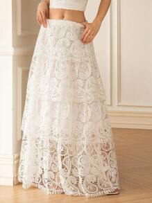 Aveloria Rosie Elegant Paisley Embroidered Tiered Maxi Skirt, French Romantic Style, Spring/Summer - White - View 1