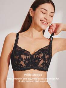 LUVLETTE 女士内衣休闲曲线全覆盖聚拢透气钢圈性感无衬里黑色蕾丝优雅网眼迷你文胸新娘内衣 - 黑色 - 查看 8