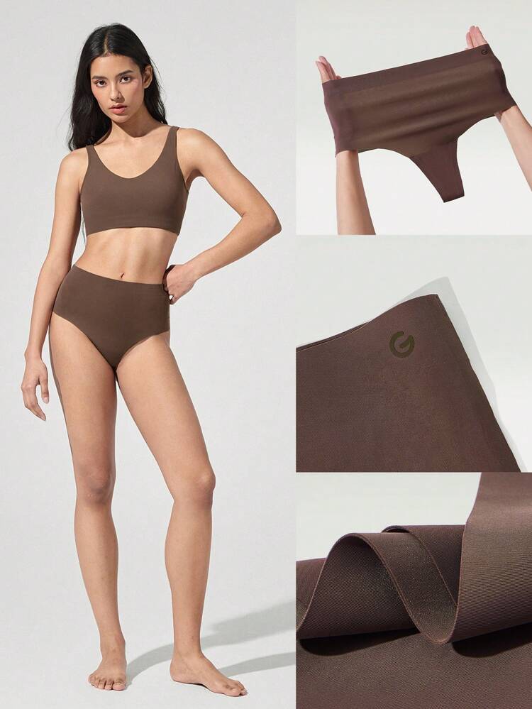 2 Packs Lightweight Breathable Sweat-Wicking High-Rise Waist Seamless No-Show Thong Underwear Daily Casual Workout