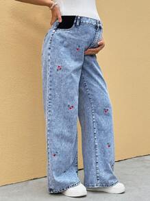 SHEIN 孕妇度假休闲樱桃刺绣牛仔裤 - 藍色 - 查看 7