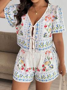 Easura 大码女式花卉印花圆领短袖蝴蝶结前襟上衣和短裤两件套度假套装 - 彩色 - 查看 1