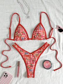 Swim Mod Springbreak Women Gingham & Ditsy Floral Random Print Spaghetti Strap High Cut Shorts Sexy Bikini Sets, Summer Beachwear For Young Ladies