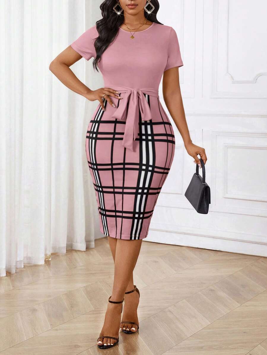SHEIN Lady 黑色衬衫领印花女装拉链设计修身女装 - 藕粉色 - 查看 1