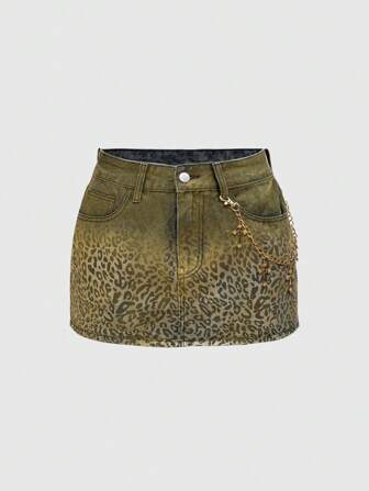 J-Fashion Minifalda de mezclilla de cintura baja y ultrabaja con estampado de leopardo y detalles de lámina estilo vintage Gyaru Shibuya Y2K para mujeres