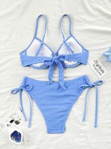 Swim Vcay 全新纹理纯色露肩前系带+侧系带镂空泳裤两件套比基尼套装 - 藍色 - 查看 2