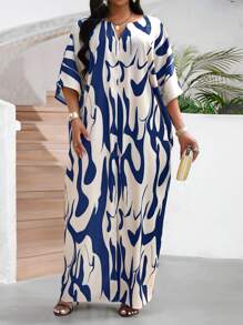 SHEIN Lady 女式V领撞色全印花宽松优雅中长连衣裙 - 白色 - 查看 5
