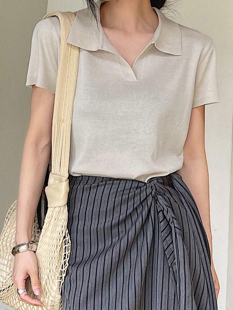 Women Urban Casual Collared Pullover Short Sleeve Knit Top,Teacher