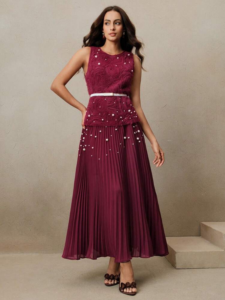 Elegant Design Sleeveless Pearl Decorated Waist Cinched Chiffon Dress, Suitable For Festival, Going Out, Vacation Outfits For Women, Spring/Summer