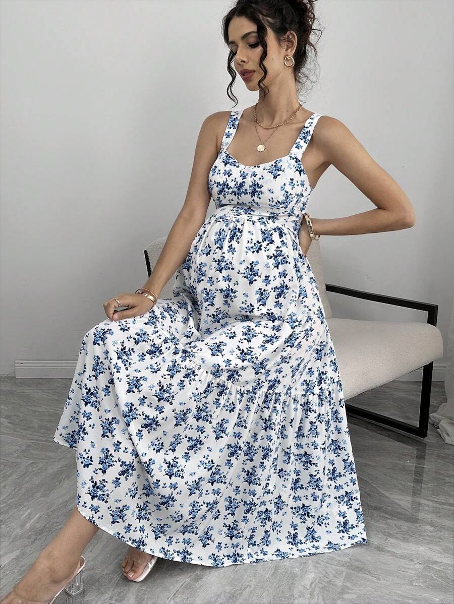 SHEIN Vestido de maternidad de verano con cuello cuadrado, sin mangas, con cintura ceñida y estampado floral miniatura en todo el vestido
