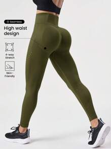SHEIN Sports 女士纯色基本款无缝紧身裤 - 軍綠色 - 查看 1