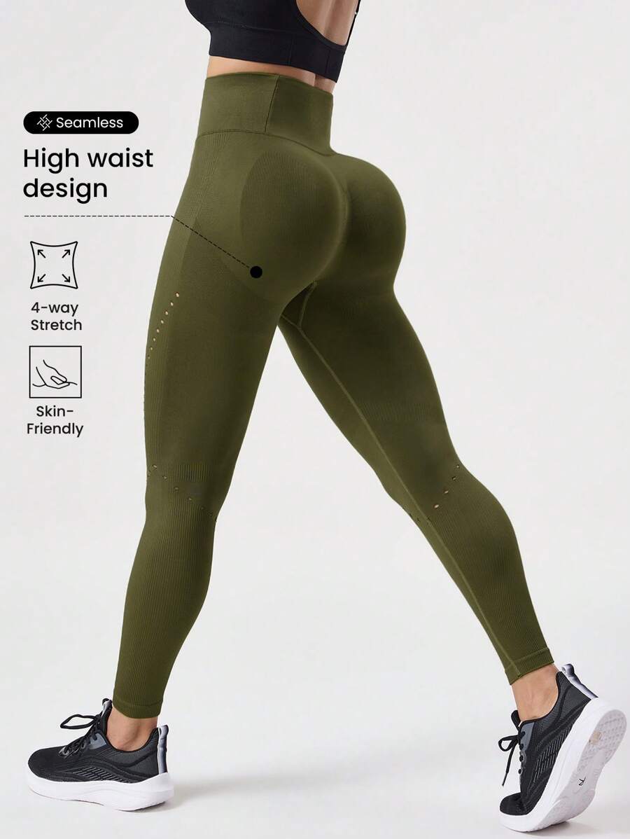 SHEIN Sports 女士纯色基本款无缝紧身裤 - 軍綠色 - 查看 1