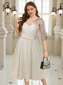 SHEIN Clasi Rochie de damă cu broderie din plasă, mărime mare, elegantă pentru petrecerea de Ramadan, primăvară - Caisă - Vizualizare 6