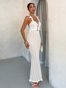 SHEIN BAE Summer White Sexy Crochet Textured Off-Shoulder Dress With Hollow Out Back And Elegant Hemline,Summer Dresses For Women,White Graduation Dress - White - View 5