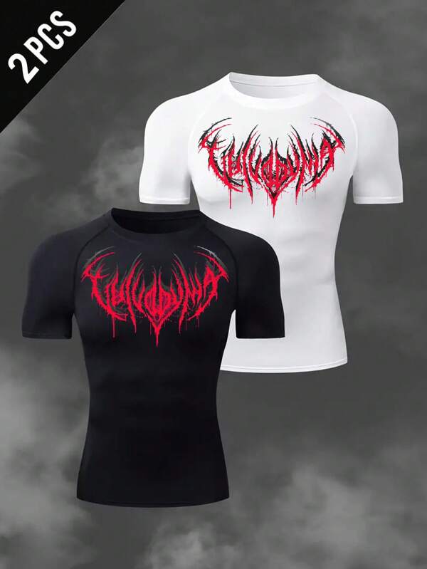 Manfinity Sport Polished T-shirt de sport à col rond avec imprimé graphique pour hommes. Vêtements d'été pour l'entraînement, débardeurs et tops de course. Hauts de gym, t-shirts de compression respirants