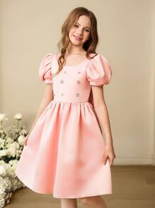 SHEIN Robe de fête mi-longue élégante et luxueuse aux manches bouffantes roses, convient pour les fêtes, les mariages, les vacances, les anniversaires et plus encore - Rose bonbon - Voir 7