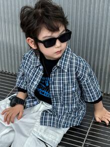 DAZY Young Boys' Plaid Print Button-Down Short Sleeve Shirts, Summer - Blue - View 1