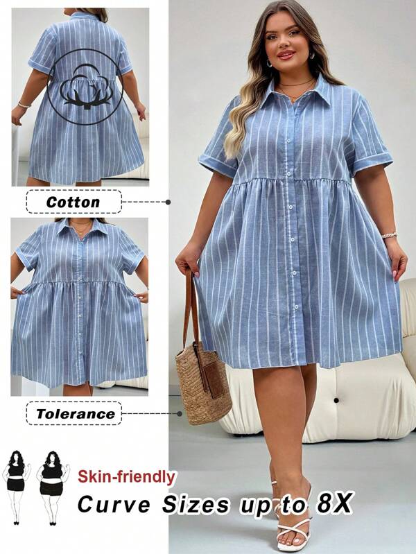 SHEIN CURVE+ Rochie scurtă casual cu dungi, cu mânecă scurtă și nasturi în față, pentru femei, mărime plus, rochii pastelate pentru femei, ținute de plajă business casual pentru femei/Rochie de plajă/Ținute de vacanță pe plajă/Esențe de plajă/Rochie de absolvire/Rochie de ceai, Rochie de vară/Tricouri grafice