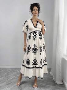 Momance 孕妇全身印花荷叶边下摆深V领短袖连衣裙 - 杏色 - 查看 4