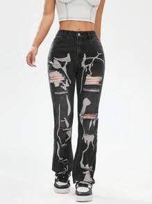 SHEIN EZwear 女士时尚做旧印花喇叭牛仔裤，春夏 - 黑色 - 查看 4