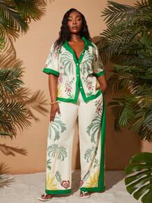 SHEIN SXY 大码女装春夏优雅棕榈树印花两件套，短袖宽松衬衫搭配宽松长裤，适合日常穿着、婚礼、波西米亚风、热带度假等场合。这款两件套女装，风格百搭，适合外出、度假、海滩度假、假日、海边、西式、加勒比风情、音乐会、狂欢节派对等场合，层次丰富，适合约会、伊比沙岛、纳什维尔等地。风格简约、时尚、可爱、休闲，适合购物、街头风、外出等各种场合。易于搭配，显瘦，凸显身材，修饰身形。 - 綠色 - 查看 7