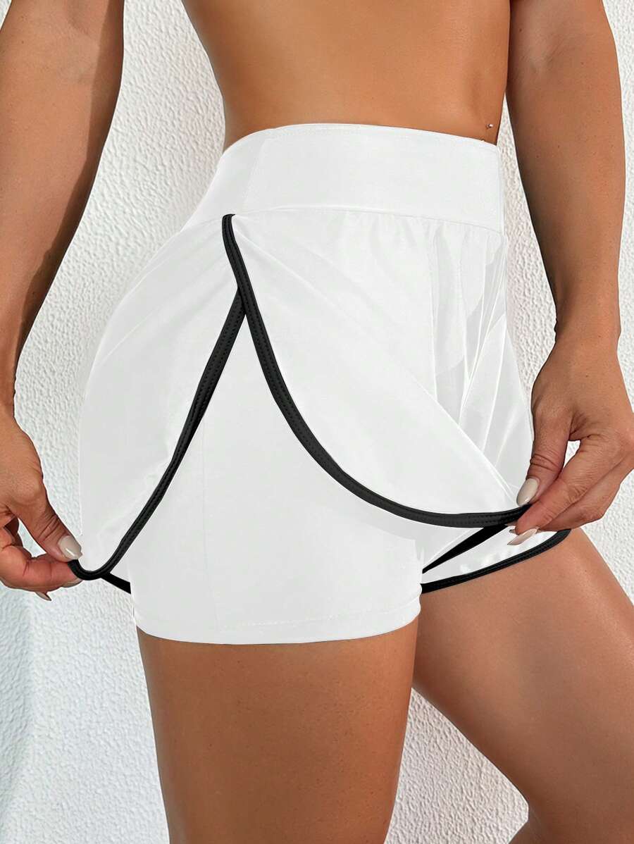 SHEIN Swim Springbreak 女款撞色运动休闲沙滩短裤 - 白色 - 查看 1