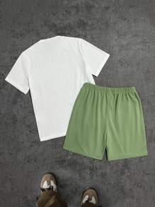 SHEIN 2 chiếc/bộ áo phông tay ngắn in chữ American cho bé trai tuổi teen và quần short thể thao rộng rãi thoải mái in toàn bộ, mùa hè - màu xanh lá - Xem 2