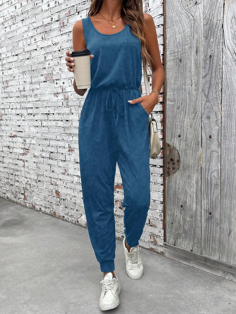 SHEIN PETITE Women's Solid Color Minimalist Sleeveless Jumpsuit - Blue - View 1