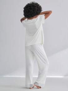 Moonlight&Mama Set de pijama de maternidad de manga corta con botones y encaje, 2 paquetes, conjunto de ropa de estar en casa y ropa de dormir de moda - Blanco - Ver 2