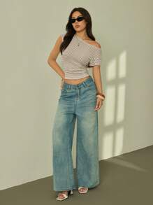 SHEIN PETITE Maglietta casual estiva da donna a maniche corte con collo tondo e righe