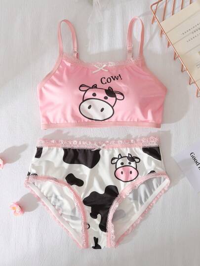 Tween Girl Cartoon Cow & Letter Print Lace Trimmed Lingerie Set