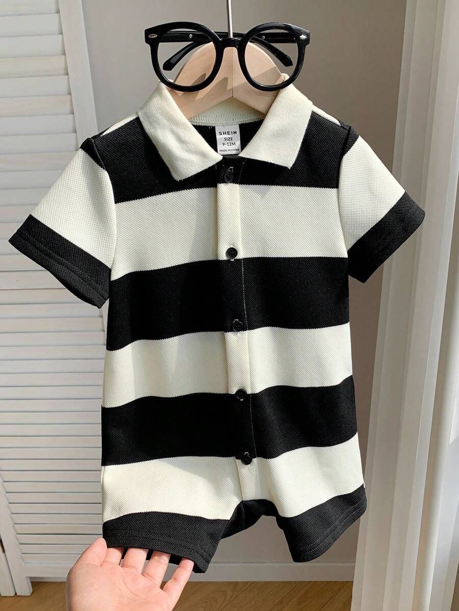 SHEIN Bộ áo liền quần tay ngắn cổ polo kẻ sọc thoải mái cho bé trai/bé gái, thích hợp mặc hàng ngày, đi học, chơi thể thao, dự tiệc, chụp ảnh, đi nghỉ mát, nghỉ lễ mùa xuân/hè.