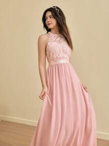 SHEIN Teen Girl Elegant Lace & Chiffon Cinched Waist Sleeveless Dress, Suitable For Bridesmaids, Wedding Ceremony, Prom, Birthday Party