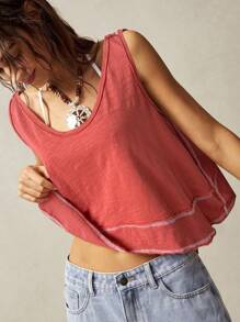 Bohemela Áo ba lỗ dệt kim màu trơn cổ chữ V viền bất đối xứng cho nữ - Đỏ - Xem 4