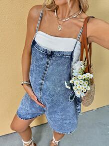 SHEIN Maternity Blue Denim Overalls With Straps And Jumpsuit,Summer Tops / Summer Outfits For Women / Summer Clothes Mother's Day,4th Of July,Beach Outfits For Woman,Blue,Beach Outfits For Maternity,Summer/Summer Outfits For Women, Suitable For Parties, Holidays, Dates, Valentine's Day, Afternoon Tea, Suitable For Summer,Spring Summer Vacation Beach Outfits Fashion Outfits,Mother Day/Mom/Mother/ Mommy/Mother's Day/Mama/Mum/Mother's Day Gift ﻿ - Blue - View 6