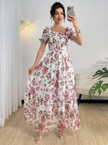 Modelyn Digital Print Square Neck Short Sleeve Long Dress For Women - Multicolor - View 1