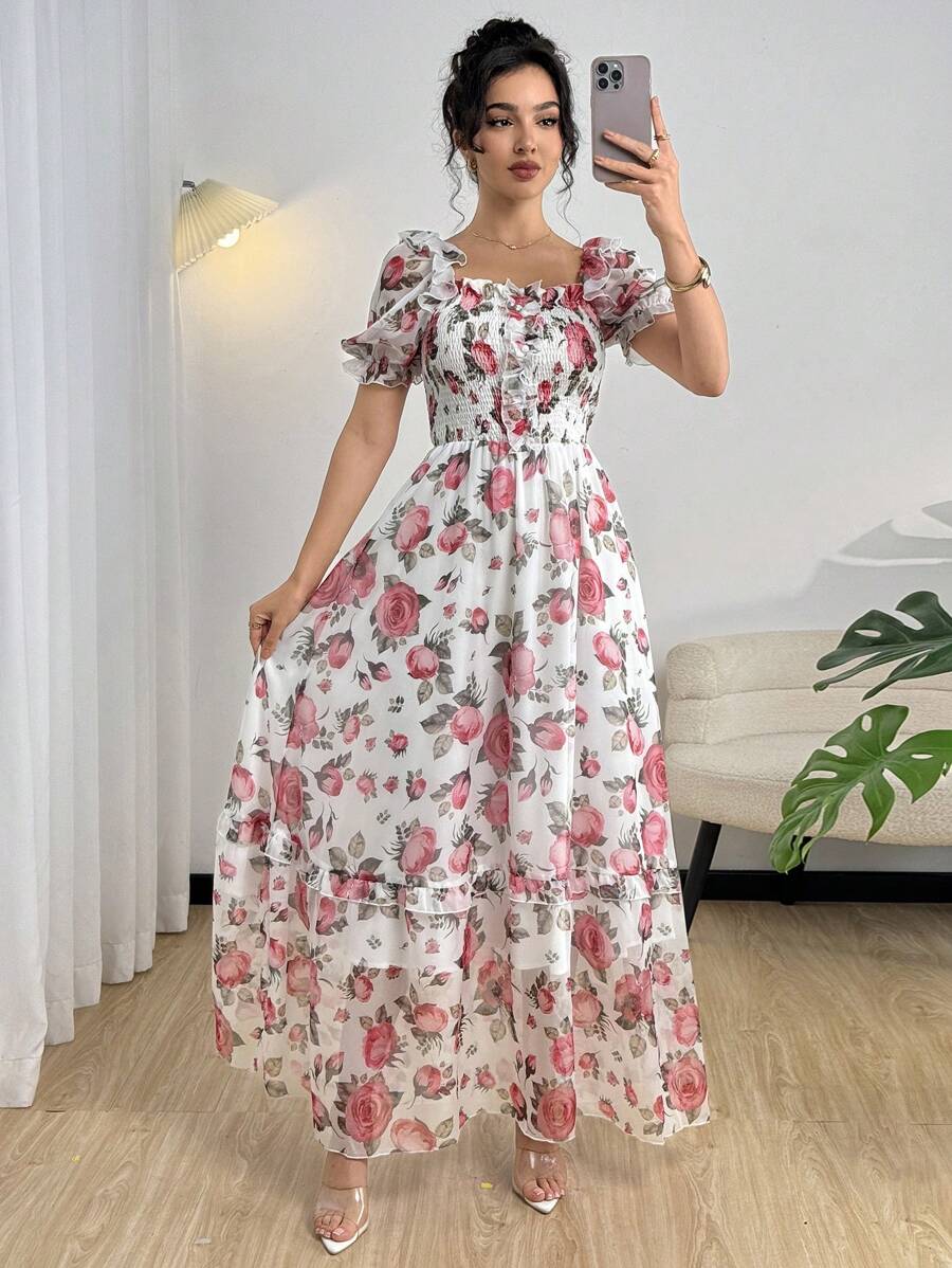 Modelyn Digital Print Square Neck Short Sleeve Long Dress For Women - Multicolor - View 1