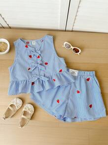 SHEIN Tween Girl Casual Minimalist Strawberry Striped Ruffle Trim Tank Top - Blue - View 7