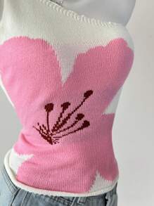 Elamini Sexy Asymmetric Shoulder Ribbed Trim Marigold Floral Print Sleeveless Fitted Knit Sweater Top, Spring/Summer - Multicolor - View 6