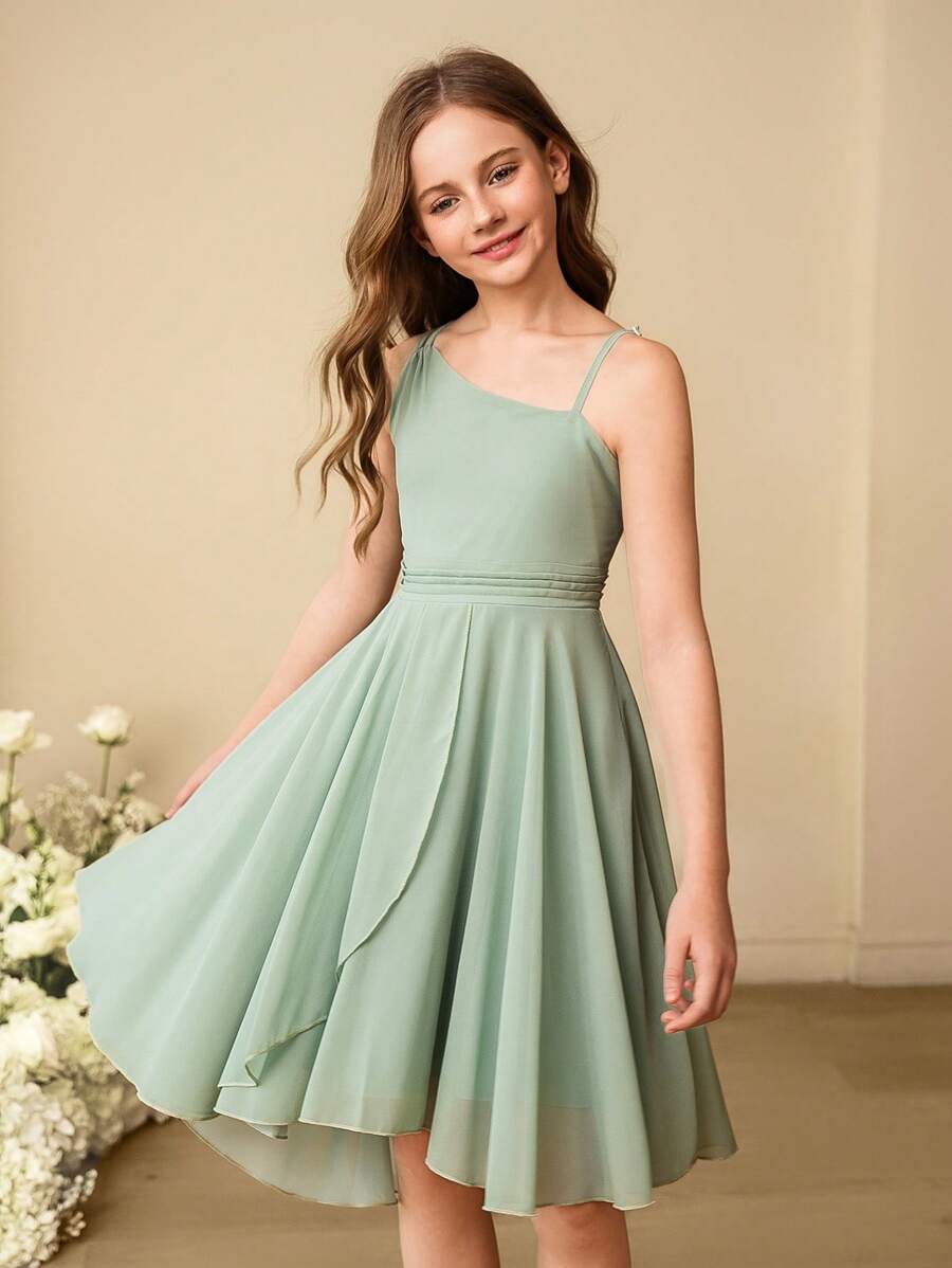 SHEIN Girls' Elegant Minimalist Asymmetrical Shoulder High Waist Mid-Length Asymmetrical Hem Chiffon Green Dress, Suitable For Summer
