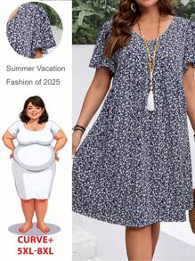 SHEIN CURVE+ Robe d'été avec volants à imprimé floral pour femmes de grande taille, pour vacances. Robes d'été pour femmes, tenues de plage pour femmes/robe de plage/tenues de vacances à la plage/accessoires de plage/remise des diplômes/robe de garden-party, robes d'été/campagne/tenues de vacances à la plage/tenues de plage/vêtements de plage