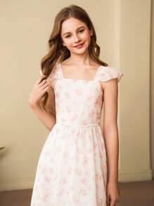 SHEIN Vestido largo de gasa sin mangas de cintura alta con estampado floral pequeño (tipo 'Ditsy') elegante para niña preadolescente, vestido de playa de verano rosa para niñas - Rosa - Ver 6