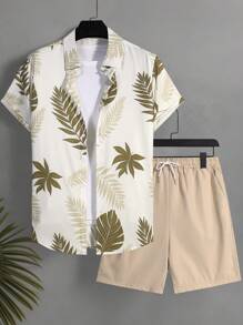 Manfinity KASUA 男士全印花前开式短袖休闲衬衫和短裤套装泳装，夏季，夏威夷风