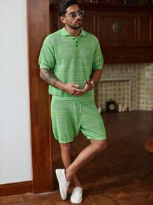 Manfinity Homme 男士纯色纽扣衬衫和短裤套装，度假纯色丈夫休闲服