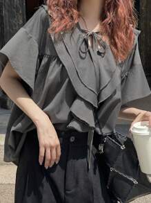 FRIFUL Women's Loose Fit Ruffle Trim Blouse - Grey - View 2